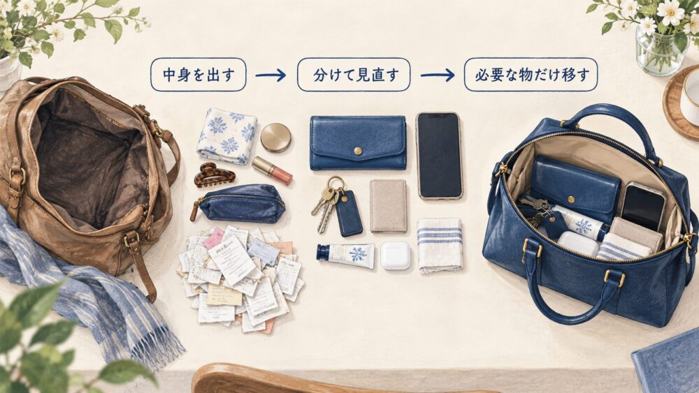 古いバッグから必要品だけ新しいバッグへ移す俯瞰図