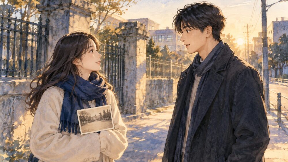 昔の写真を手に、思い出の学校前で再会する男女。