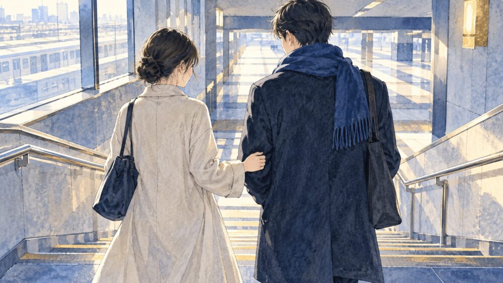 駅の階段で相手の袖をそっと支える女性と歩く男性。