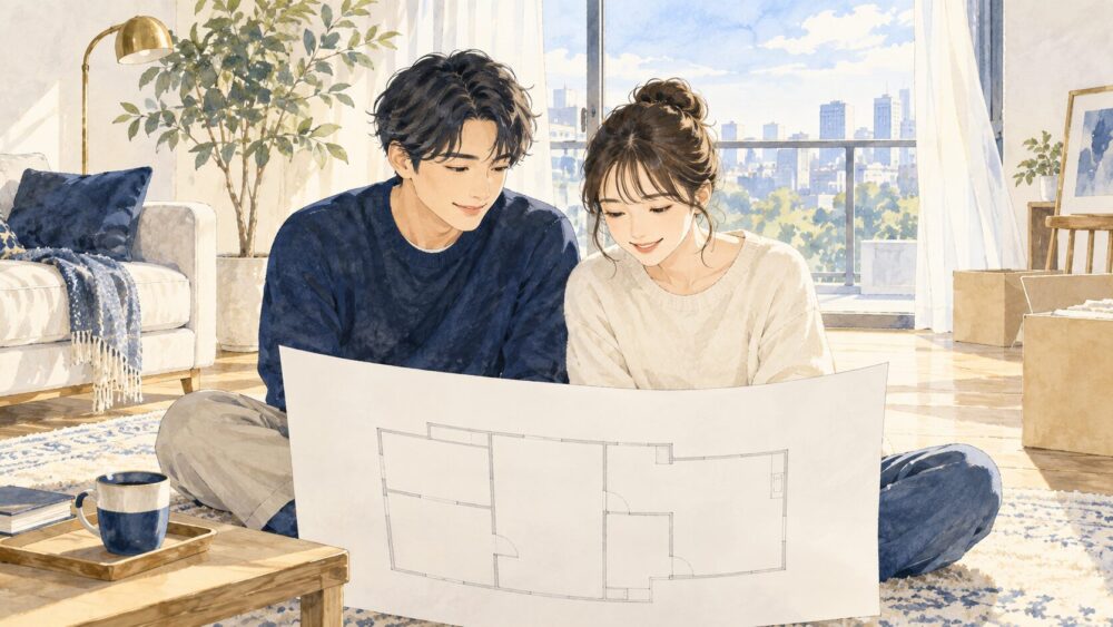 新しい部屋で間取り図を広げ、暮らしを思い描く男女。