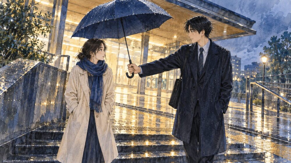雨上がりの駅前で傘を差し出し、相手を気づかう男性と女性。