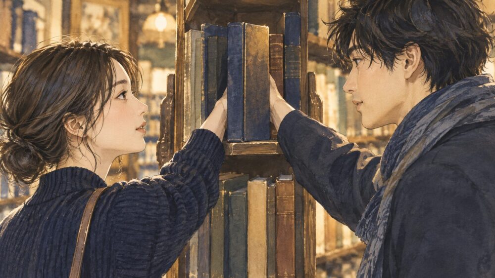 古書店で同じ本に手を伸ばす、雰囲気の似た男女。
