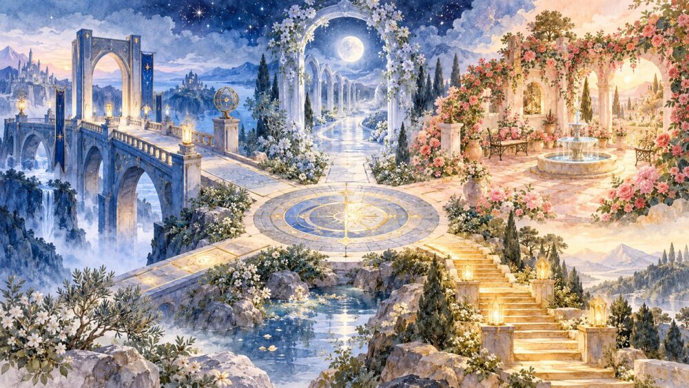 11・22・33・44の四つの道の水彩イラスト。