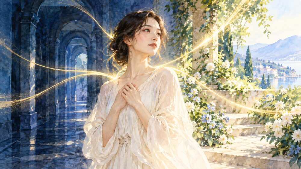 月明かりの回廊から庭を見つめる女性の水彩イラスト。