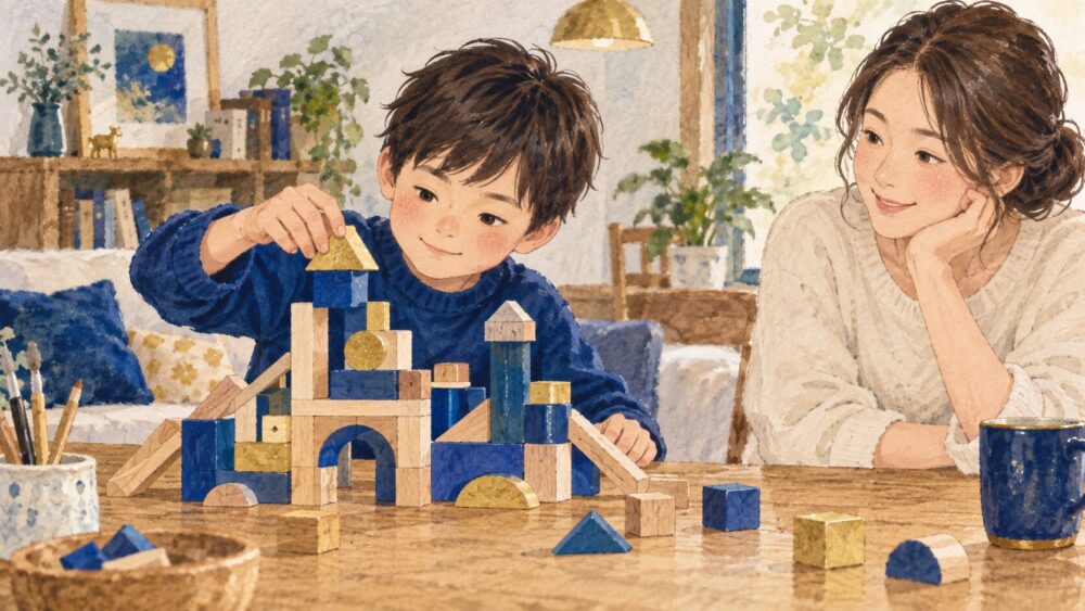 積み木で自分らしい形を作る子どもを、母親がそっと見守る場面。