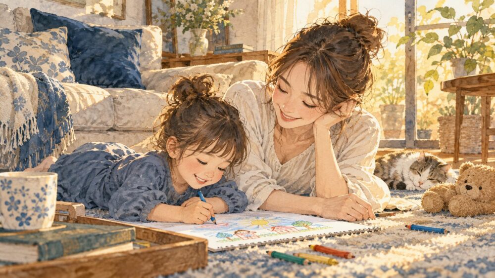 絵を描く子どもに寄り添い、安堵した表情を見せる母親。