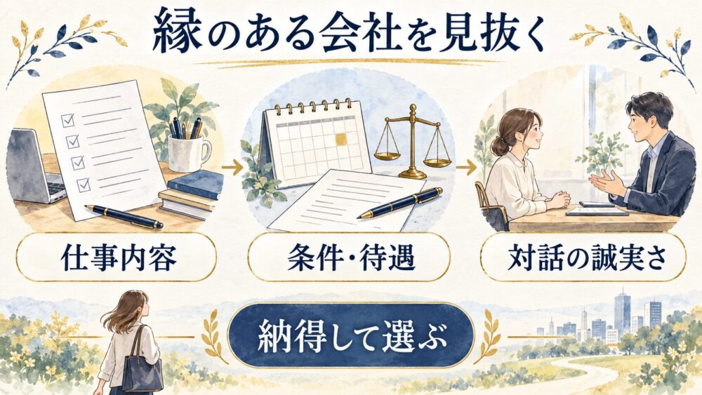 仕事内容、条件・待遇、面接での対話を確認し、納得できる転職先を選ぶための3つの視点を示す図解。