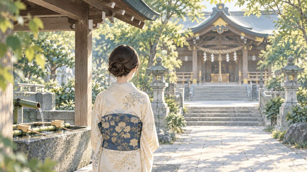 朝の光が差す神社の手水舎で参拝前のひとときを過ごす女性の後ろ姿。