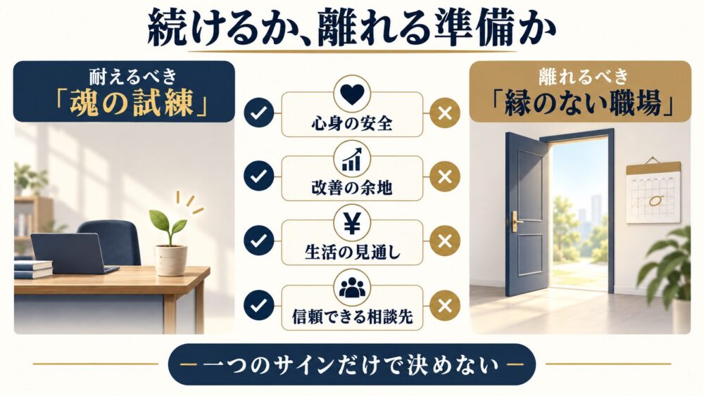 心身の安全、改善の余地、生活の見通し、相談先を比べ、ひとつのサインだけで決めないための図。