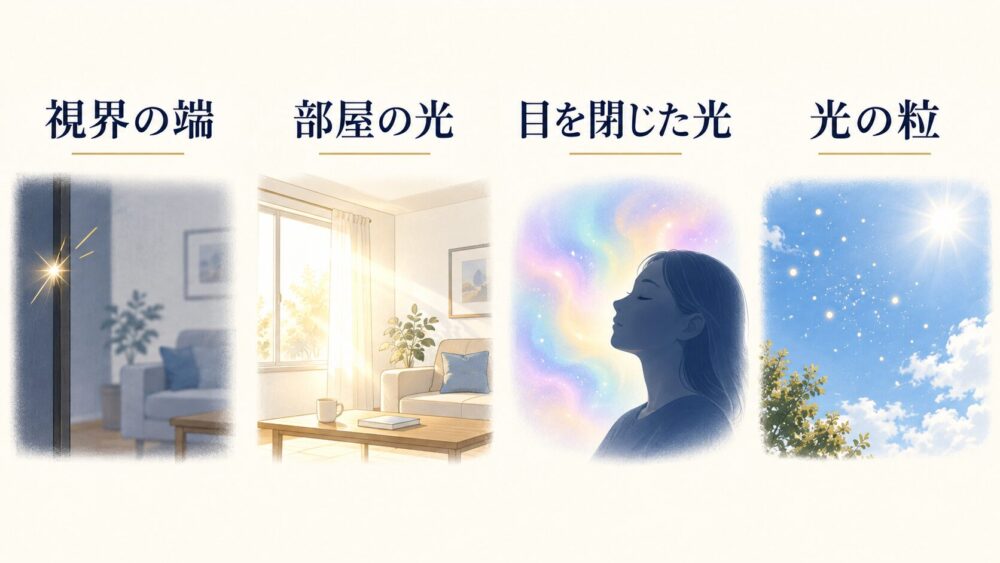 視界の端で一瞬光る、部屋が明るくなる、目を閉じた時の丹光、空間の光粒の4種類を比較したイラスト。