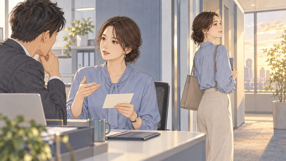 職場の廊下でメモを手に会話する女性と、席を立つ同僚。