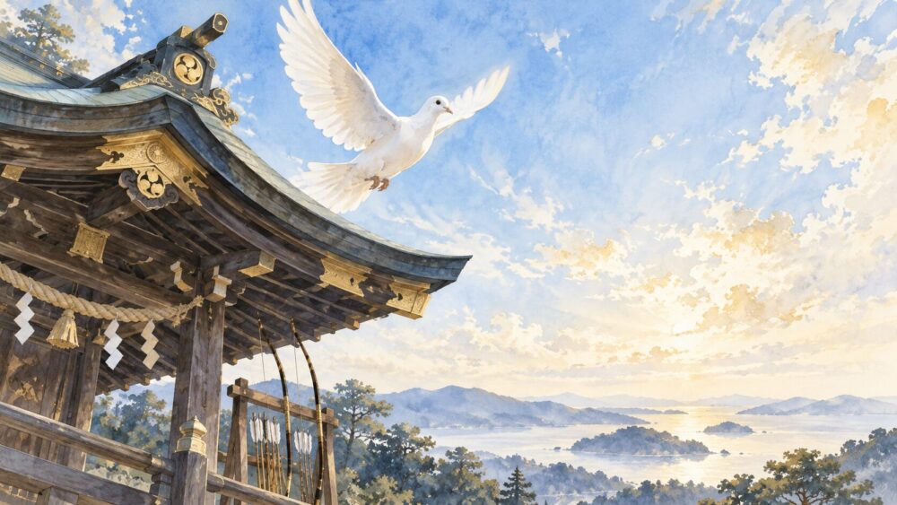 神社の屋根から朝の空へ飛び立つ一羽の白鳩。