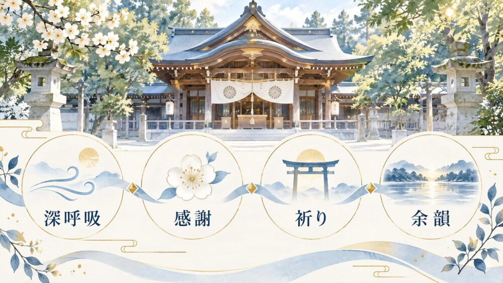深呼吸・感謝・祈り・余韻を意識して参拝する流れを示す図。