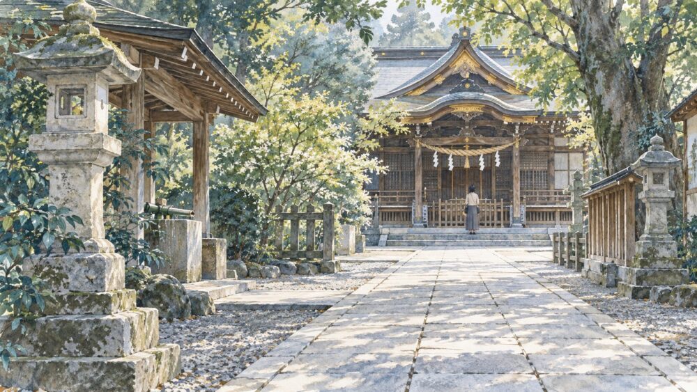 朝の光が差す誰もいない神社の参道で、参拝者が静かに立ち止まる場面。