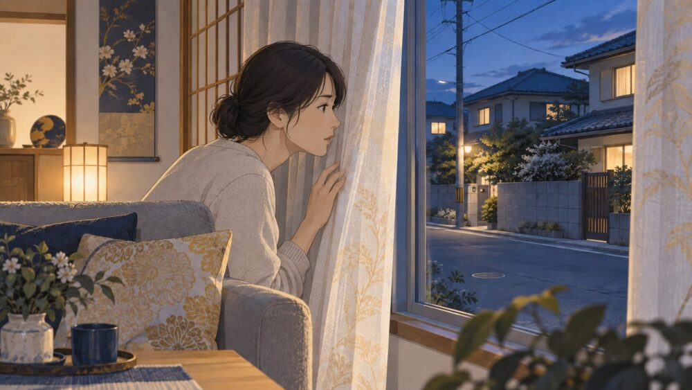 窓辺で住宅街の方向へ静かに耳を傾ける人物。
