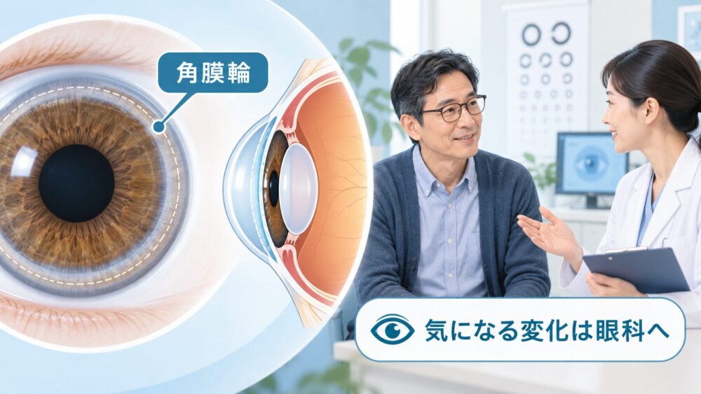 角膜輪の位置を示す眼球の図と、眼科で説明を受ける人。