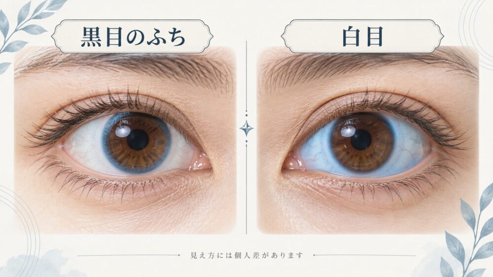 黒目のふちが青く見える例と白目が青く見える例を左右に並べた比較図。