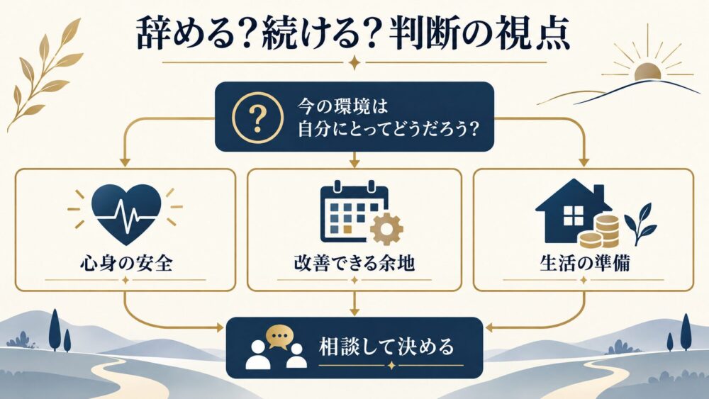 心身の安全、改善できる余地、生活の準備、相談して決めるという職場選びの判断視点を示す図。