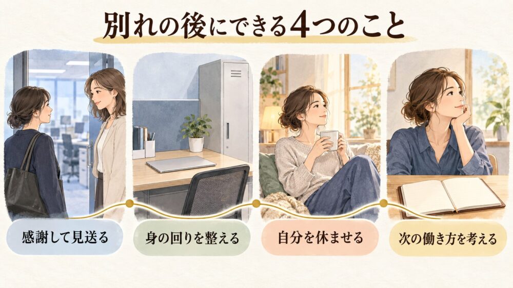 職場の別れの後にできる、感謝して見送る・身の回りを整える・休息を取る・次の働き方を考える4つの行動を示す図解。