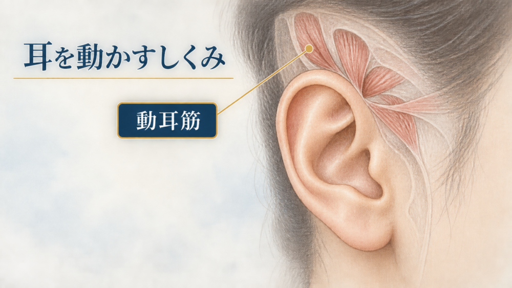 耳を動かす仕組みとして動耳筋を示した耳の図解。