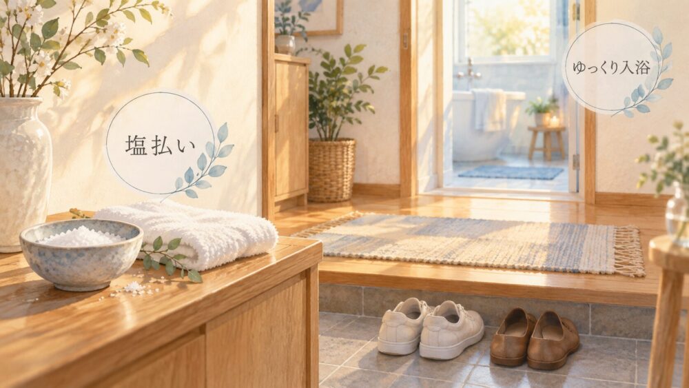 塩払いと入浴の道具を玄関に用意し、参拝後に気持ちを整える静物画。