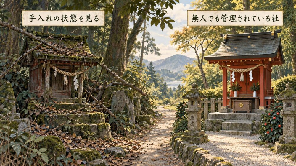手入れの行き届いた社と荒れた社を見比べ、無人神社の管理状態を確認する図。