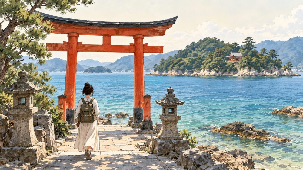 海辺の赤い鳥居から対岸の社と島を眺める参拝者。