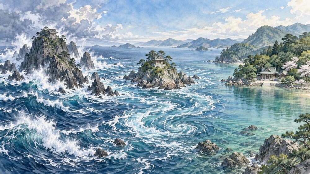 荒い外海の孤島、中間の島、本土側の社を異なる海域として並べた風景図。