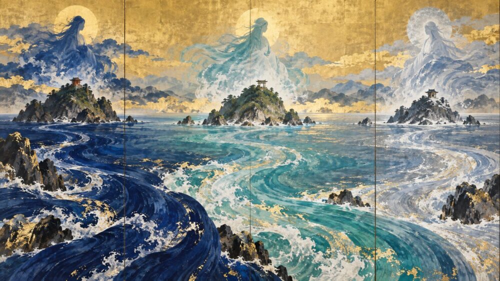 三つの島と青い潮流、その上に浮かぶ三柱の女神の姿を描いた屏風絵。