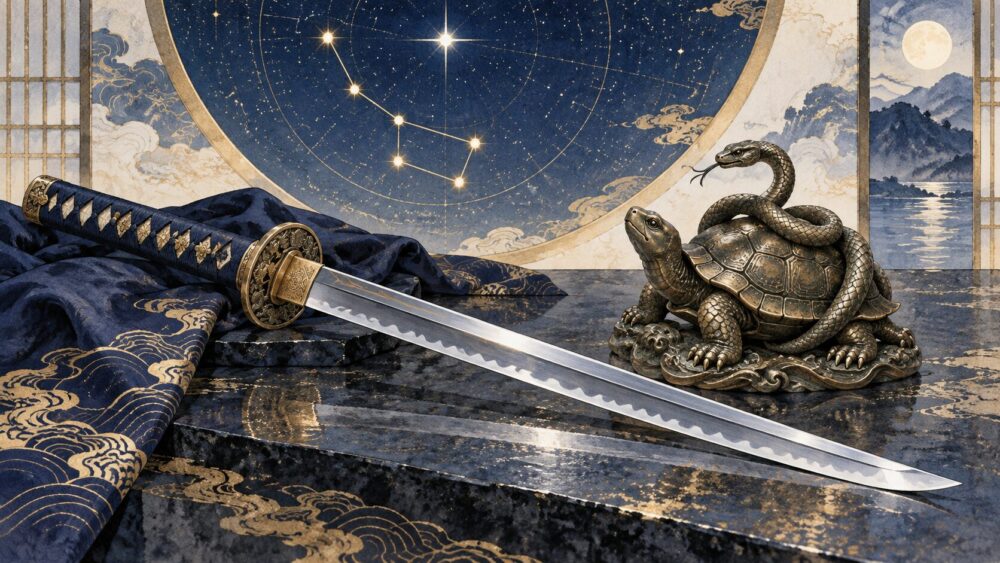北斗七星の星図の下に、装飾刀と蛇が巻きつく亀の金属紋章が並ぶ。