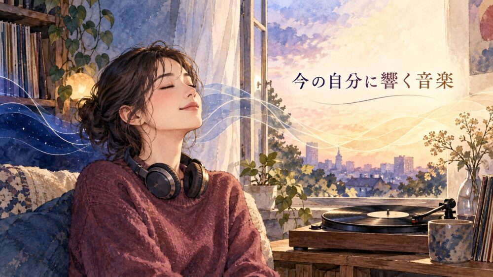 窓辺でレコードを聴き、音楽の変化に心を向ける女性。
