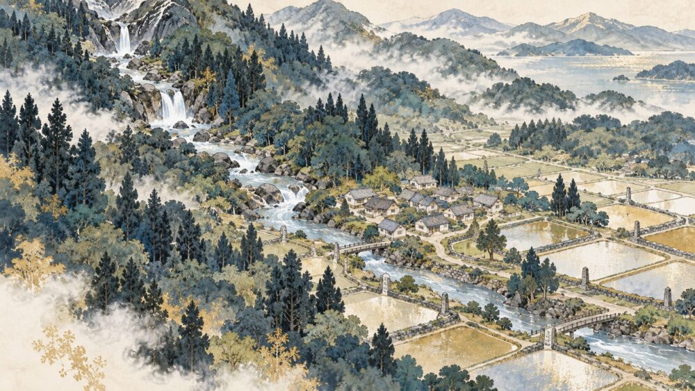 森深い山から小さな集落と田畑へ続く水の流れを俯瞰する。