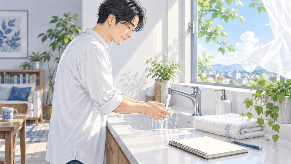 窓を開けて手を洗い、日常のセルフケアで気持ちを切り替える人。