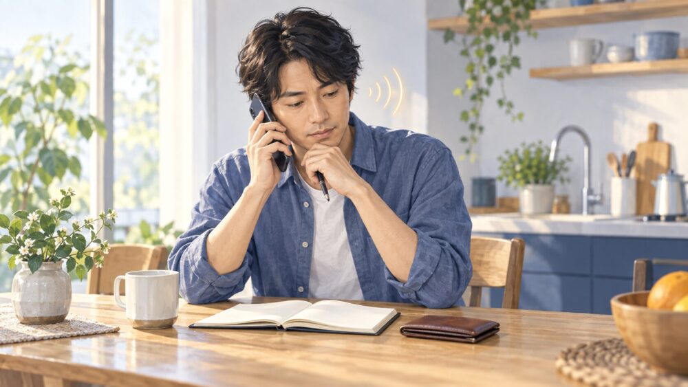 電話で相談しながら予算ノートを確認し、落ち着いて考える人。
