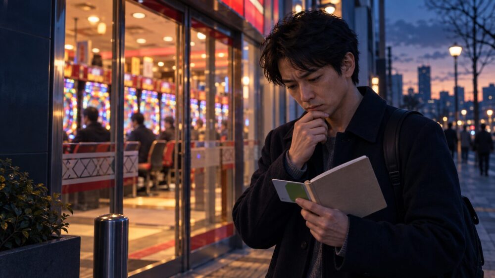 連敗の後、パチンコ店へ戻る前に立ち止まって考える男性。