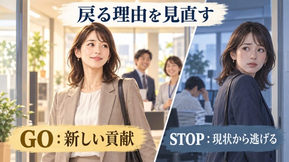 前の職場へ新しい貢献と感謝をもって戻る「GO」と、現状の不満から逃れるために戻る「STOP」の動機を比べた図。