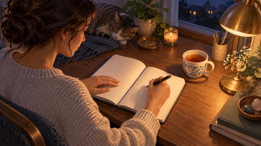 夜の部屋でノートに今日の出来事を書き留める女性。