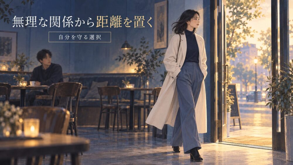 無理な関係から距離を置き、自分を守るため店の出口へ向かう女性。