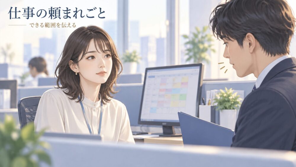 職場の頼まれごとに対応できる範囲を伝える女性。