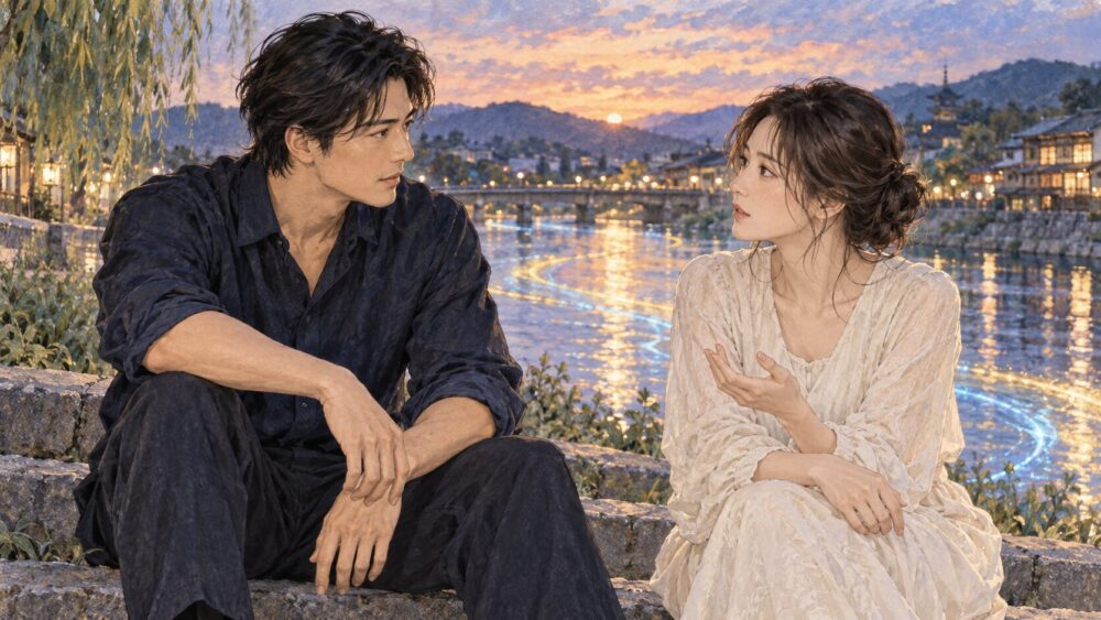 夕暮れの川辺で目を合わせ、穏やかに話し合う龍男と龍女。
