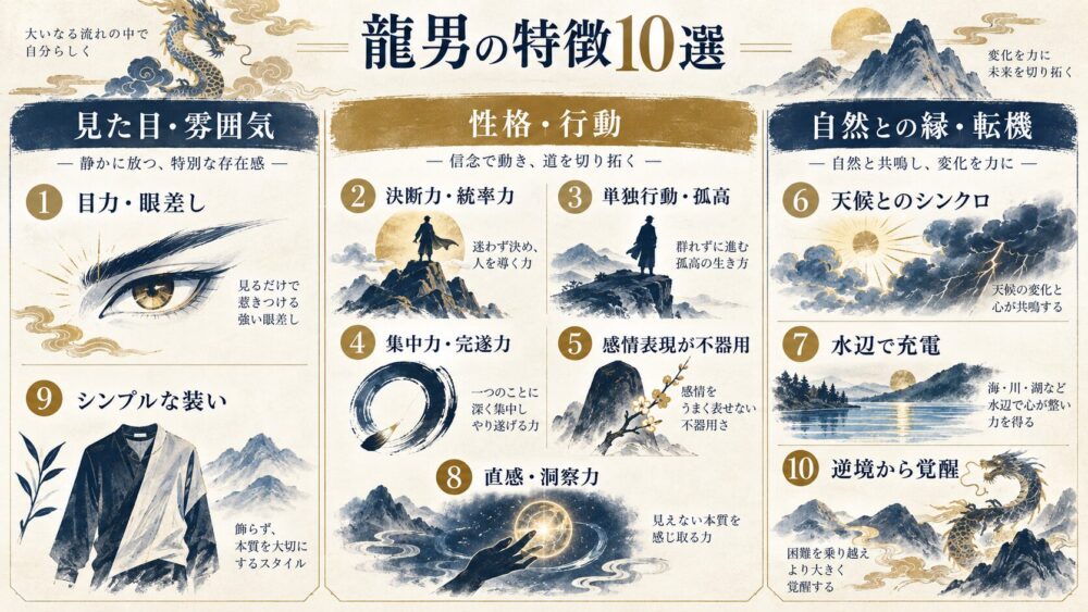 龍男の10の特徴を、見た目・雰囲気、性格・行動、自然との縁・転機の3テーマに分類した図解。