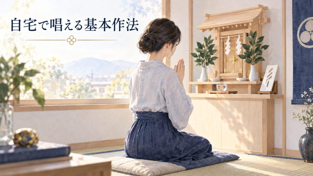 朝の光の中、自宅の神棚に向かって正座し祝詞を唱える女性。