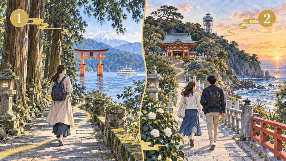芦ノ湖を巡る箱根ルートと、鎌倉から江の島へ向かう海辺の巡礼ルート。