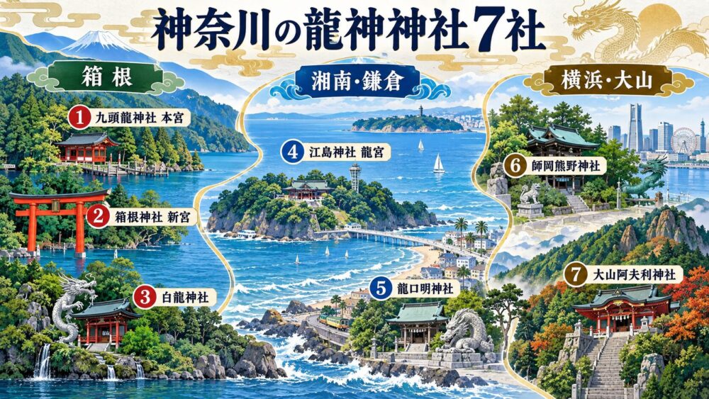 箱根、湘南・鎌倉、横浜・大山の地域別に神奈川の龍神神社7社を示す案内図。