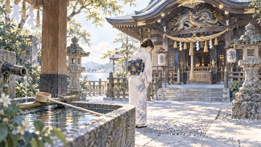 神社の社殿の前で静かに一礼する参拝者と、清らかな水をたたえた手水舎。