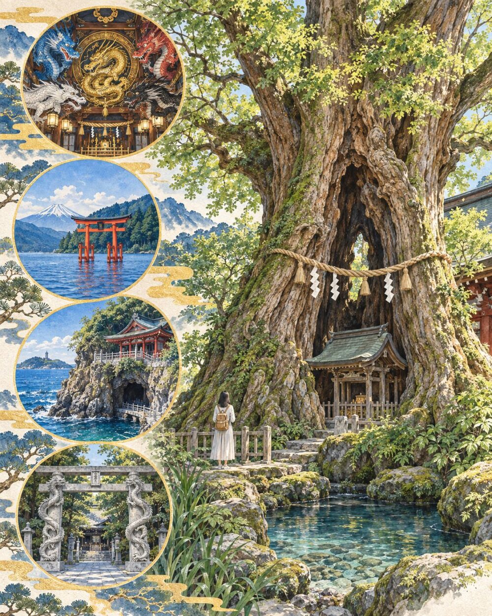 秩父今宮神社の龍神木を中心に、関東の龍神神社の景観を描いた旅案内イラスト。
