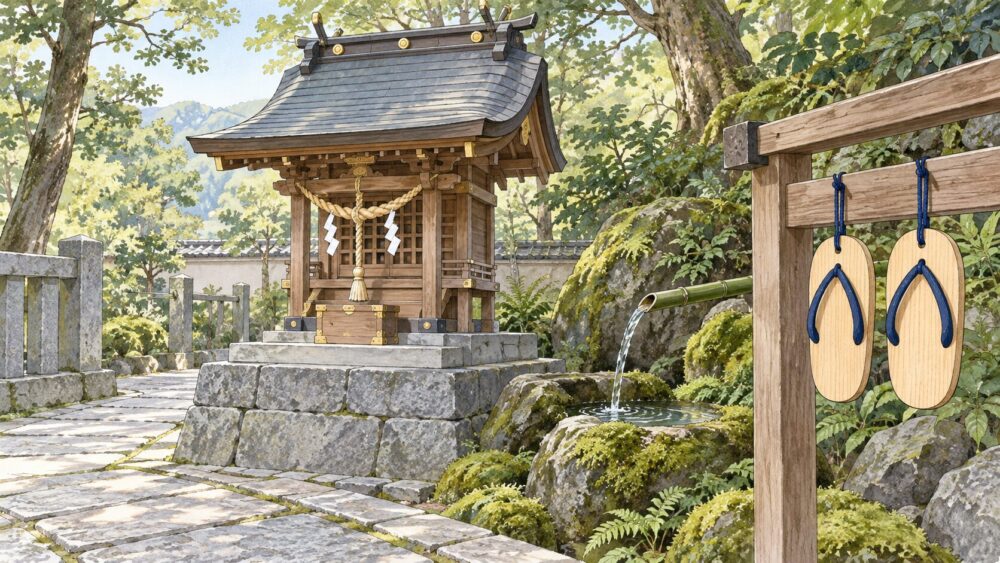小さな社殿とスリッパ形の絵馬がある川屋神社を描いたイラスト。