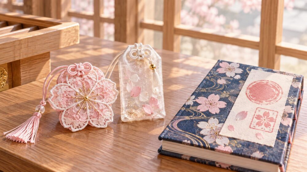 桜の刺繍のお守りと、桜模様の御朱印帳を並べた静物画。