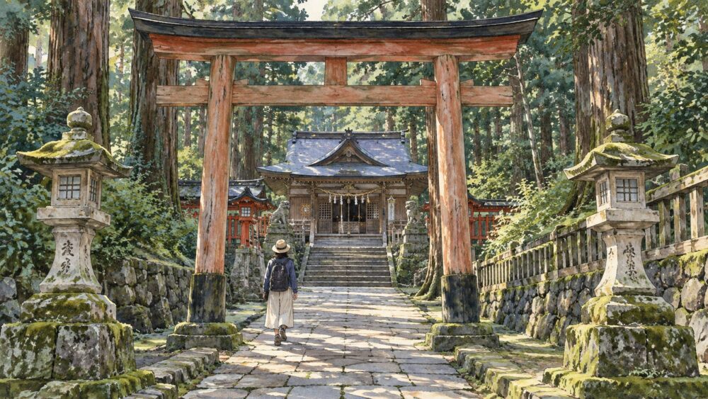 杉木立の鳥居をくぐり、奥の社殿へ向かう参拝者の後ろ姿。