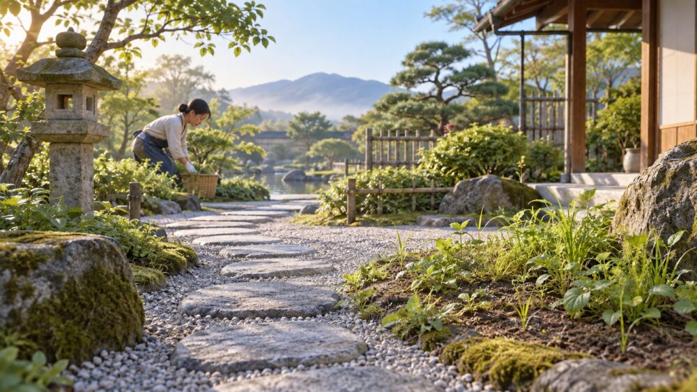 手入れされた庭の小道と草が少し残る一角。